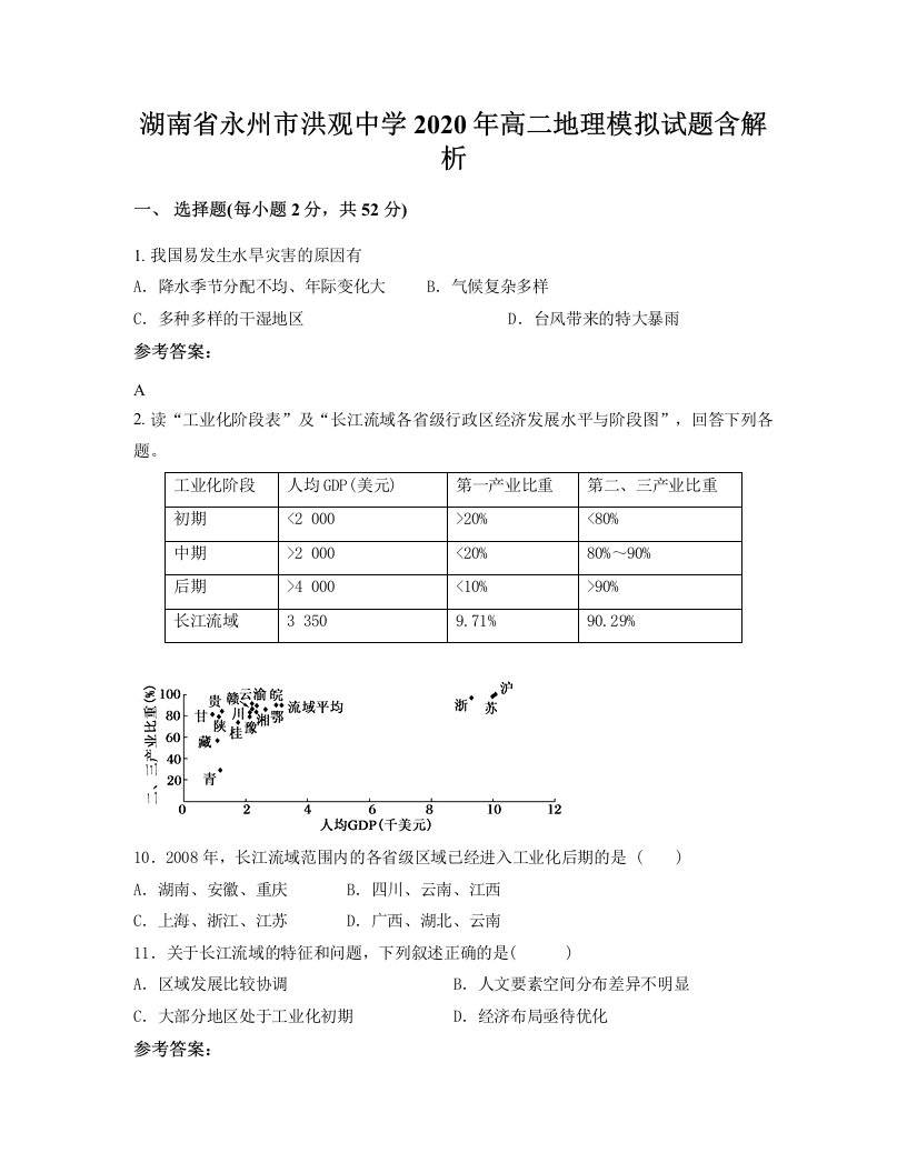 湖南省永州市洪观中学2020年高二地理模拟试题含解析