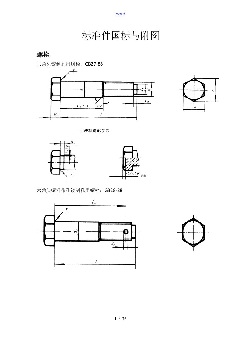 螺栓实用标准件国标及附图