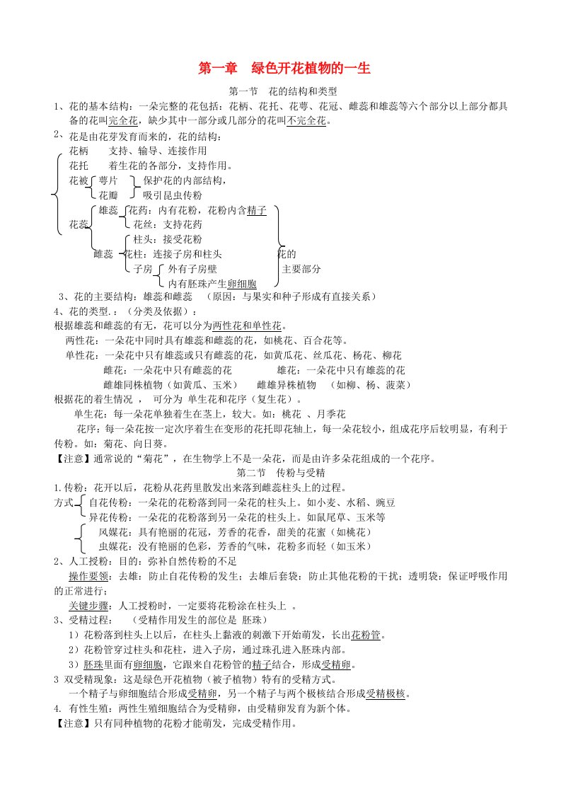 八年级生物上册第四单元第一章绿色开花植物的一生复习提纲