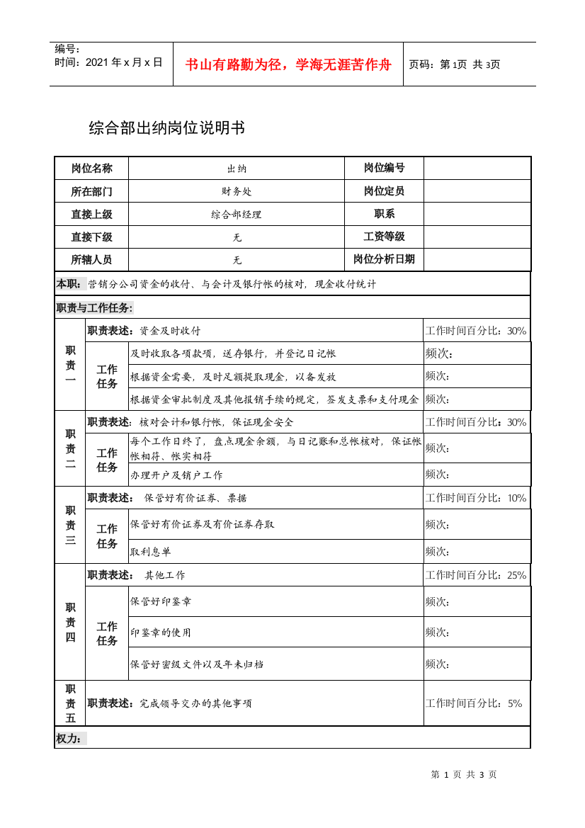 制鞋企业综合部出纳岗位说明书