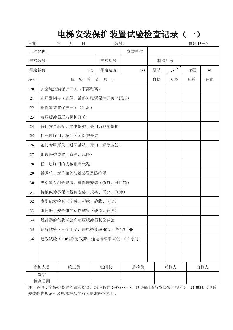 电梯安全保护装置试验检查记录（二）