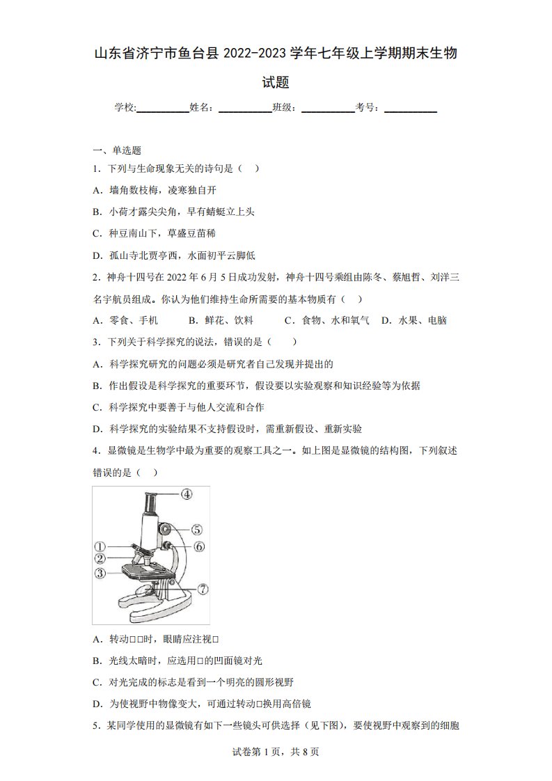 山东省济宁市鱼台县2024-2023学年七年级上学期期末生物试题(含答案)