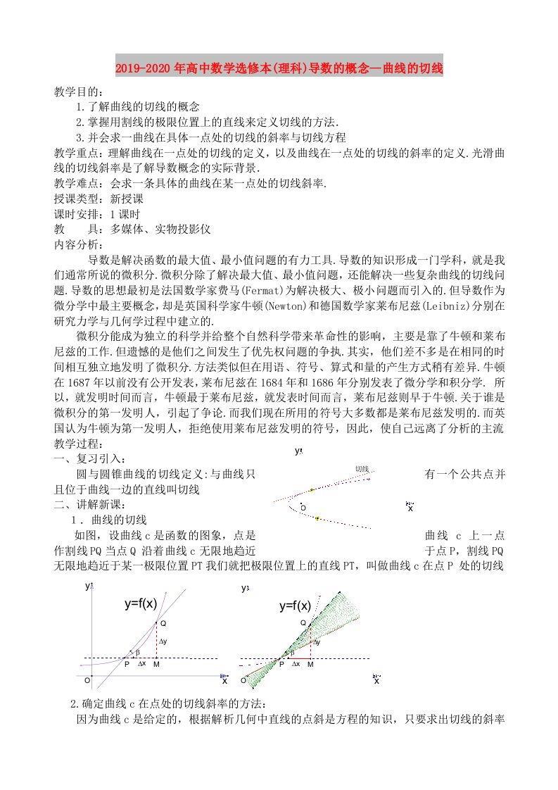 2019-2020年高中数学选修本(理科)导数的概念--曲线的切线