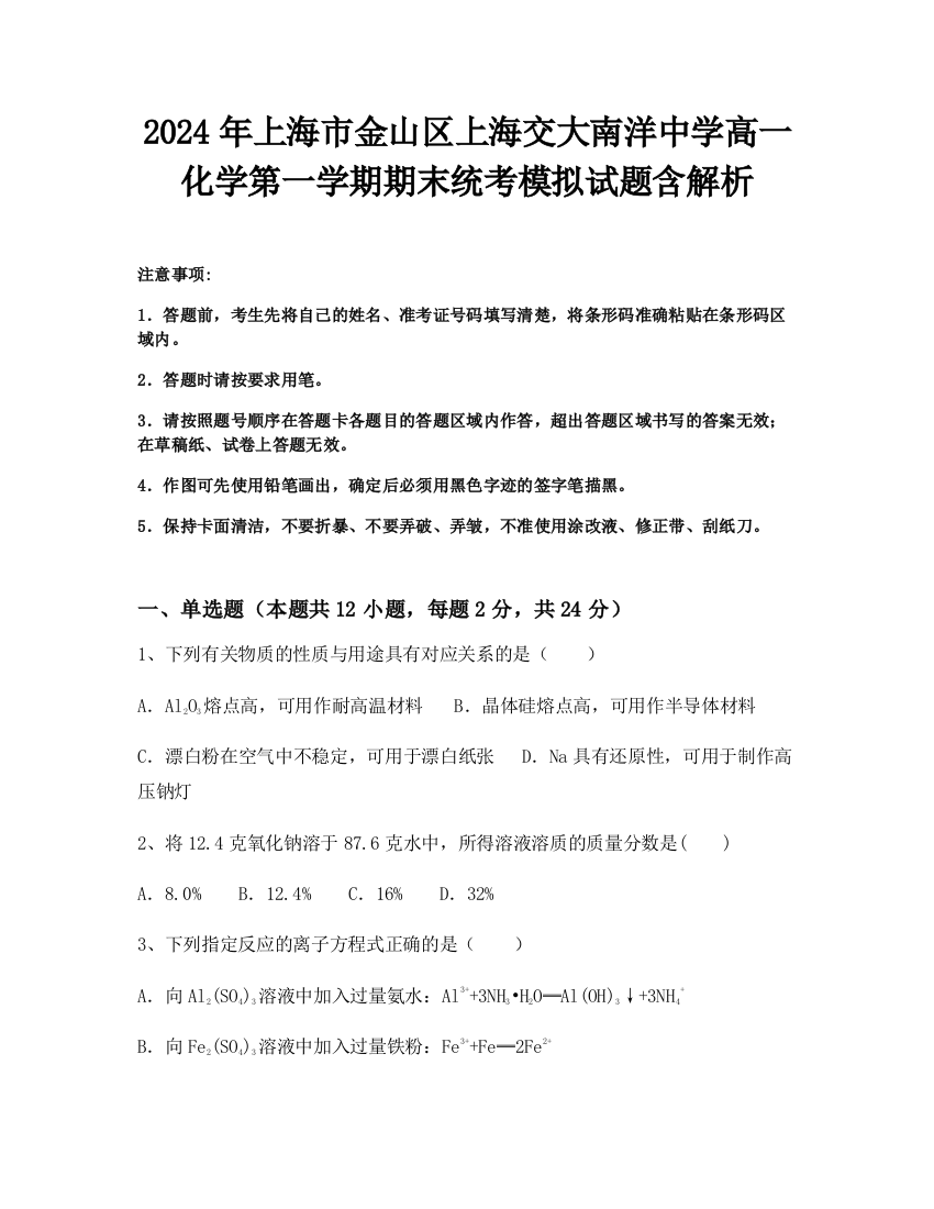 2024年上海市金山区上海交大南洋中学高一化学第一学期期末统考模拟试题含解析