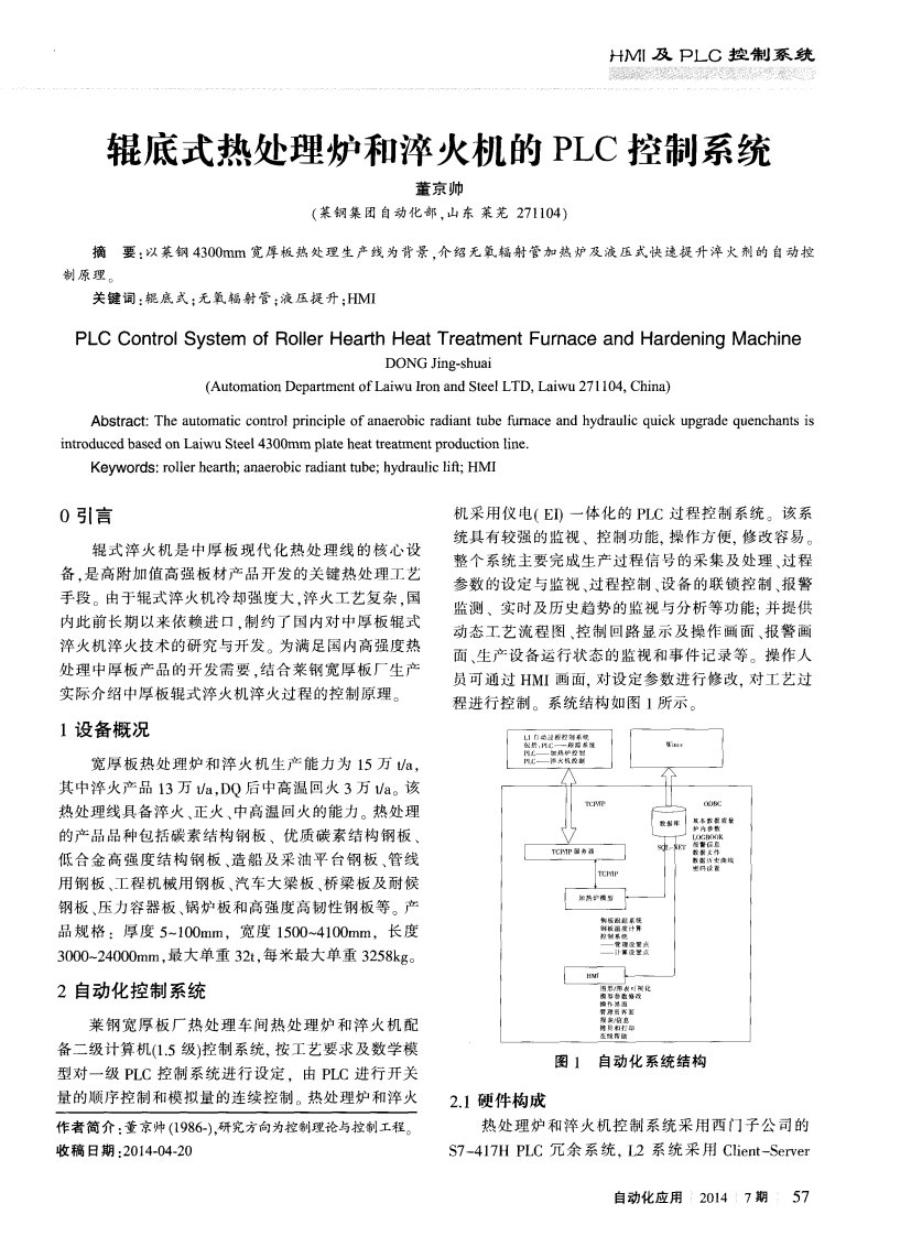 辊底式热处理炉和淬火机的plc控制系统