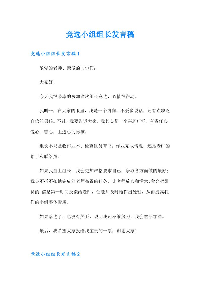 竞选小组组长发言稿