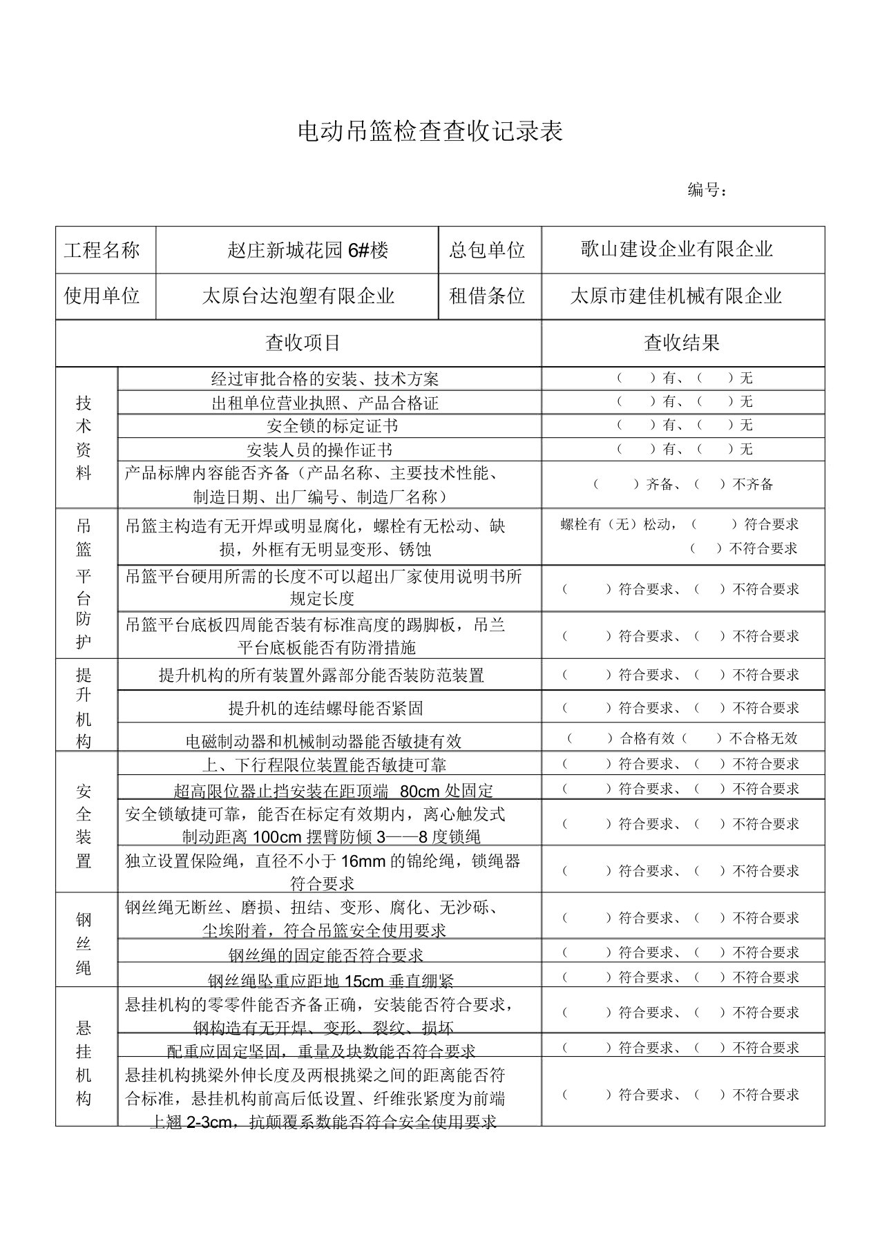 电动吊篮检查验收记录表