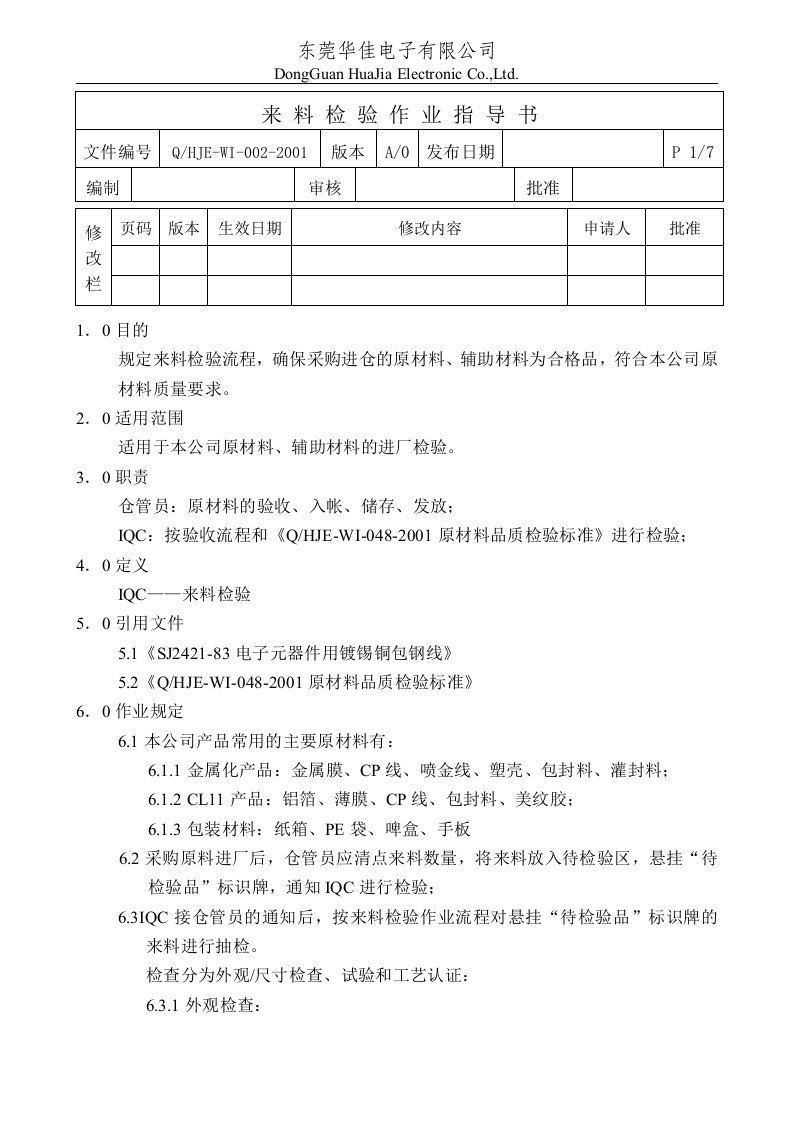 东莞华佳电子有限公司来料检验作业指导书