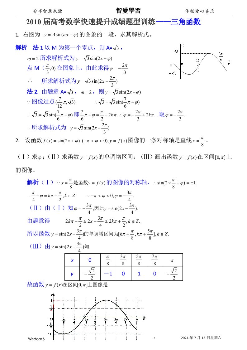 2010届高考数学快速提升成绩题型训练＼u2014＼u2014三角函数