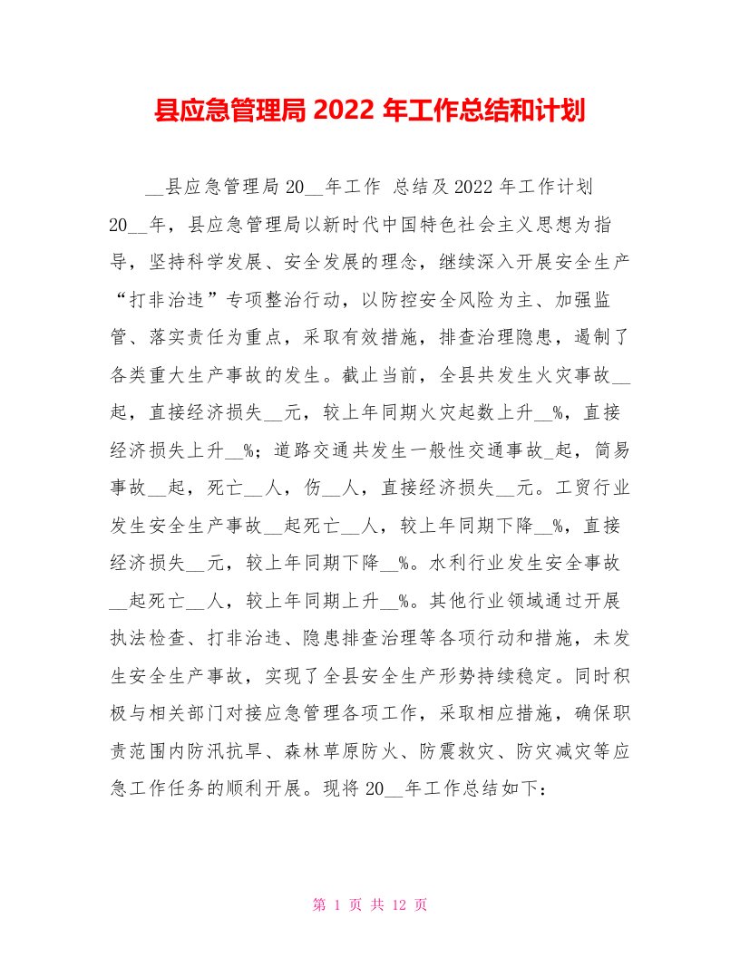 县应急管理局2022年工作总结和计划