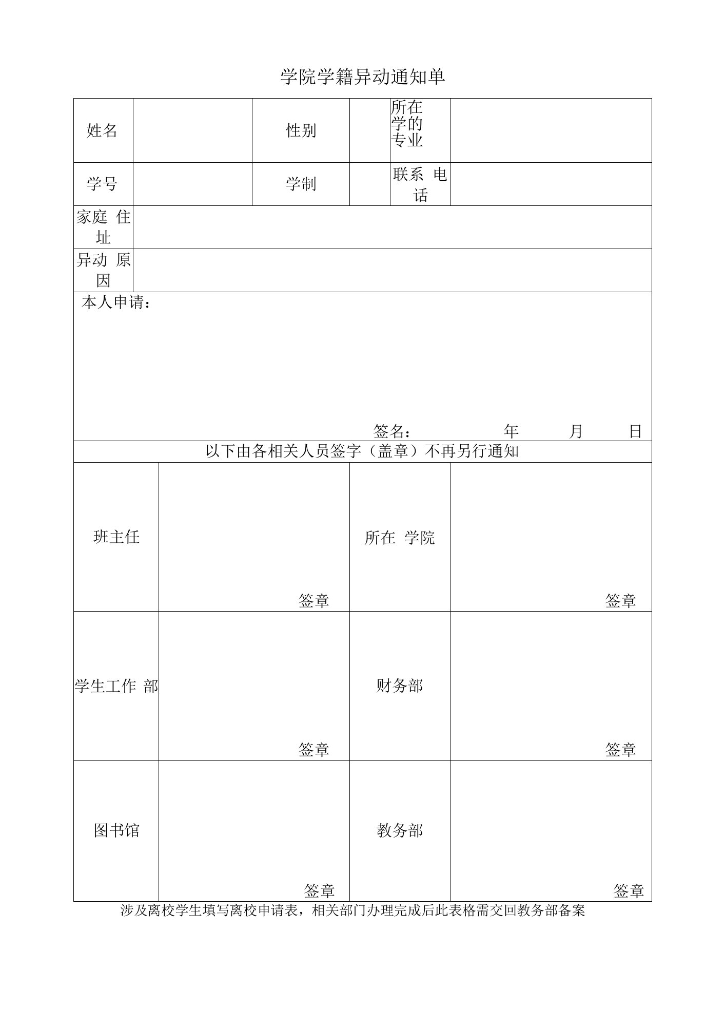 学院学籍异动通知单