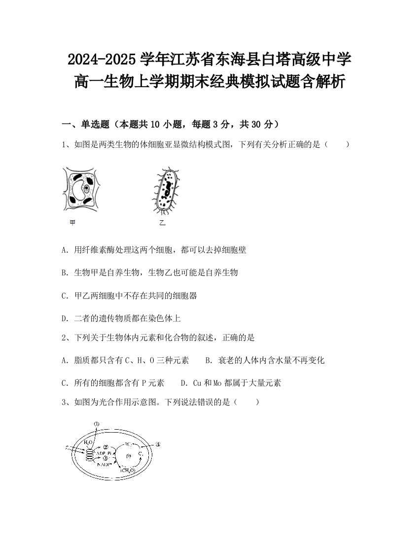 2024-2025学年江苏省东海县白塔高级中学高一生物上学期期末经典模拟试题含解析