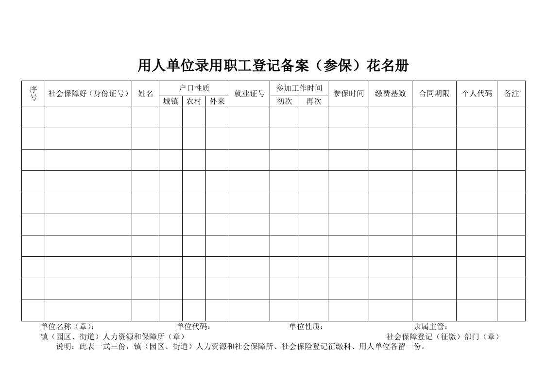 用人单位录用职工登记备案参保花名册