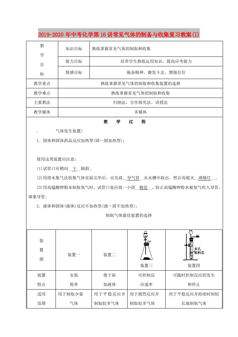 2019-2020年中考化学第16讲常见气体的制备与收集复习教案(I)