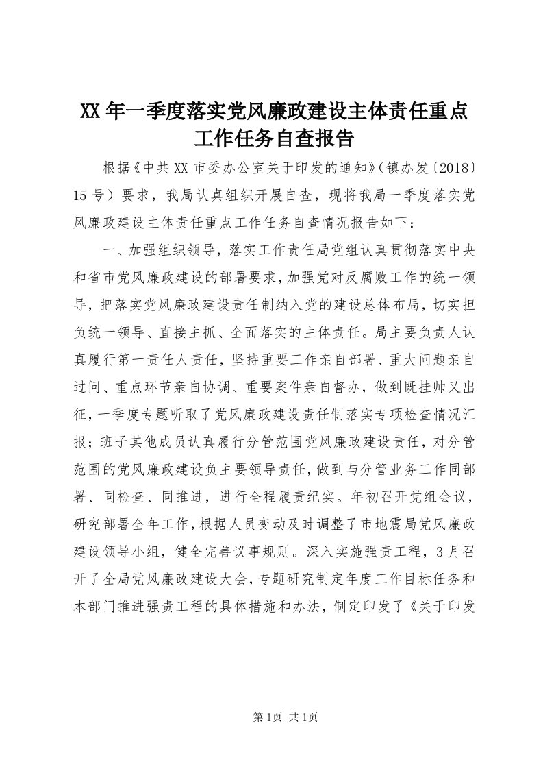 4某年一季度落实党风廉政建设主体责任重点工作任务自查报告