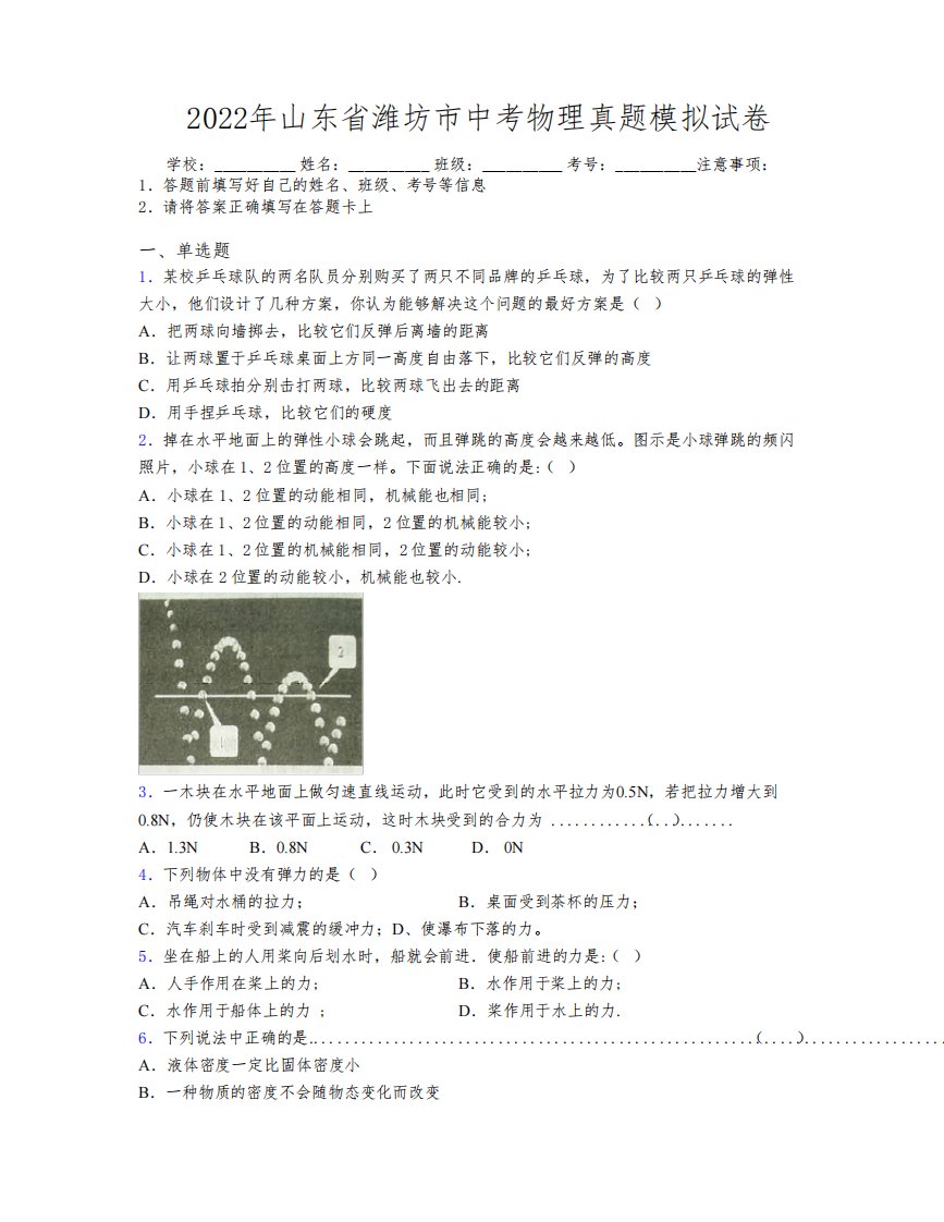 2022年山东省潍坊市中考物理真题模拟试卷及解析