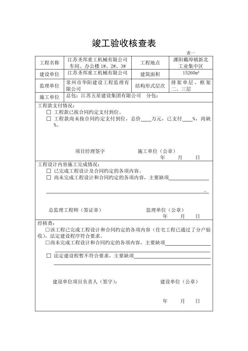 竣工验收核查表