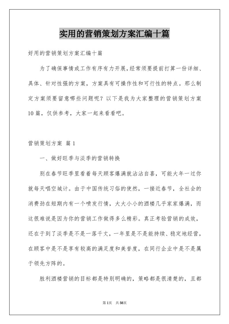 实用的营销策划方案汇编十篇