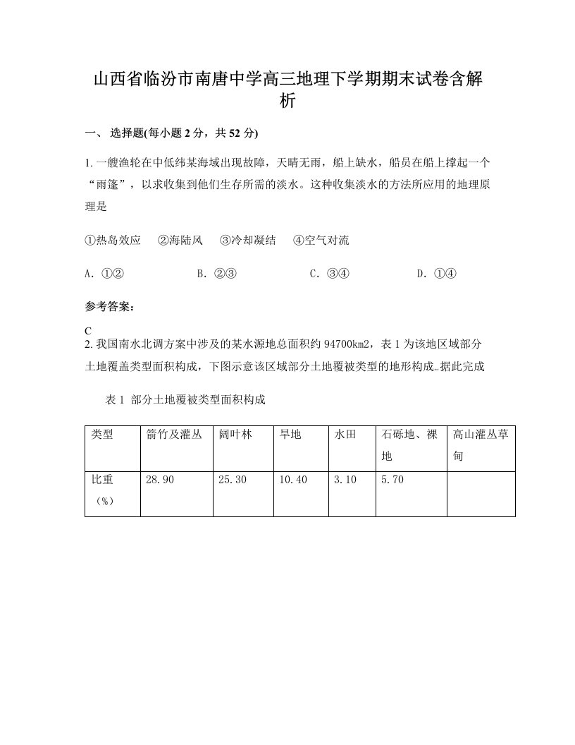 山西省临汾市南唐中学高三地理下学期期末试卷含解析