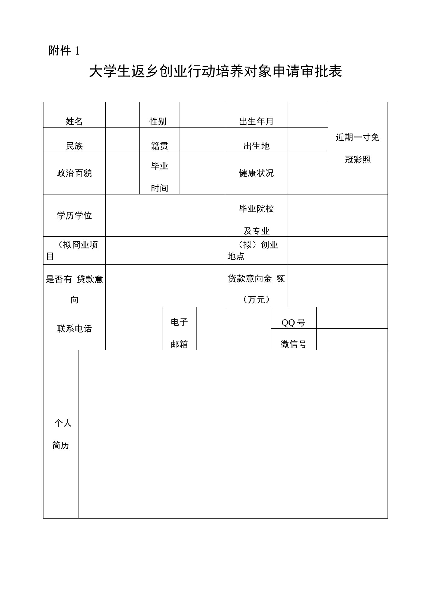 大学生返乡创业行动培养对象申请审批表