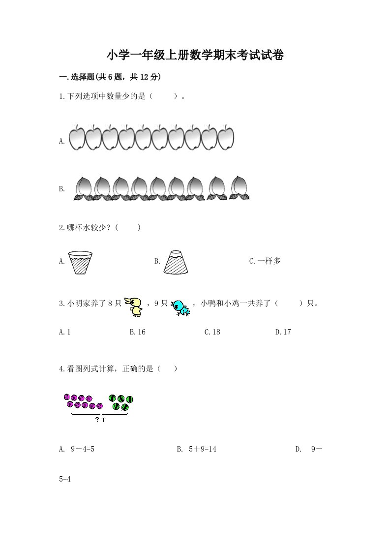 小学一年级上册数学期末考试试卷及答案【夺冠】