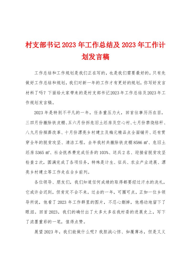 村支部书记2023年工作总结及2023年工作计划发言稿