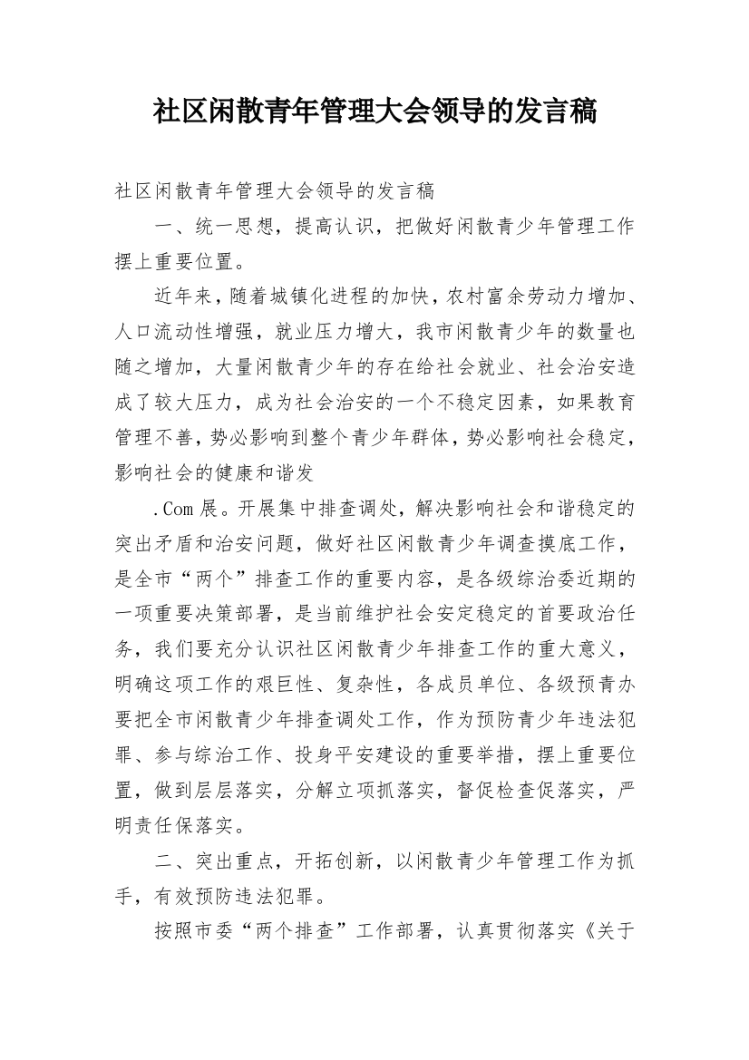 社区闲散青年管理大会领导的发言稿