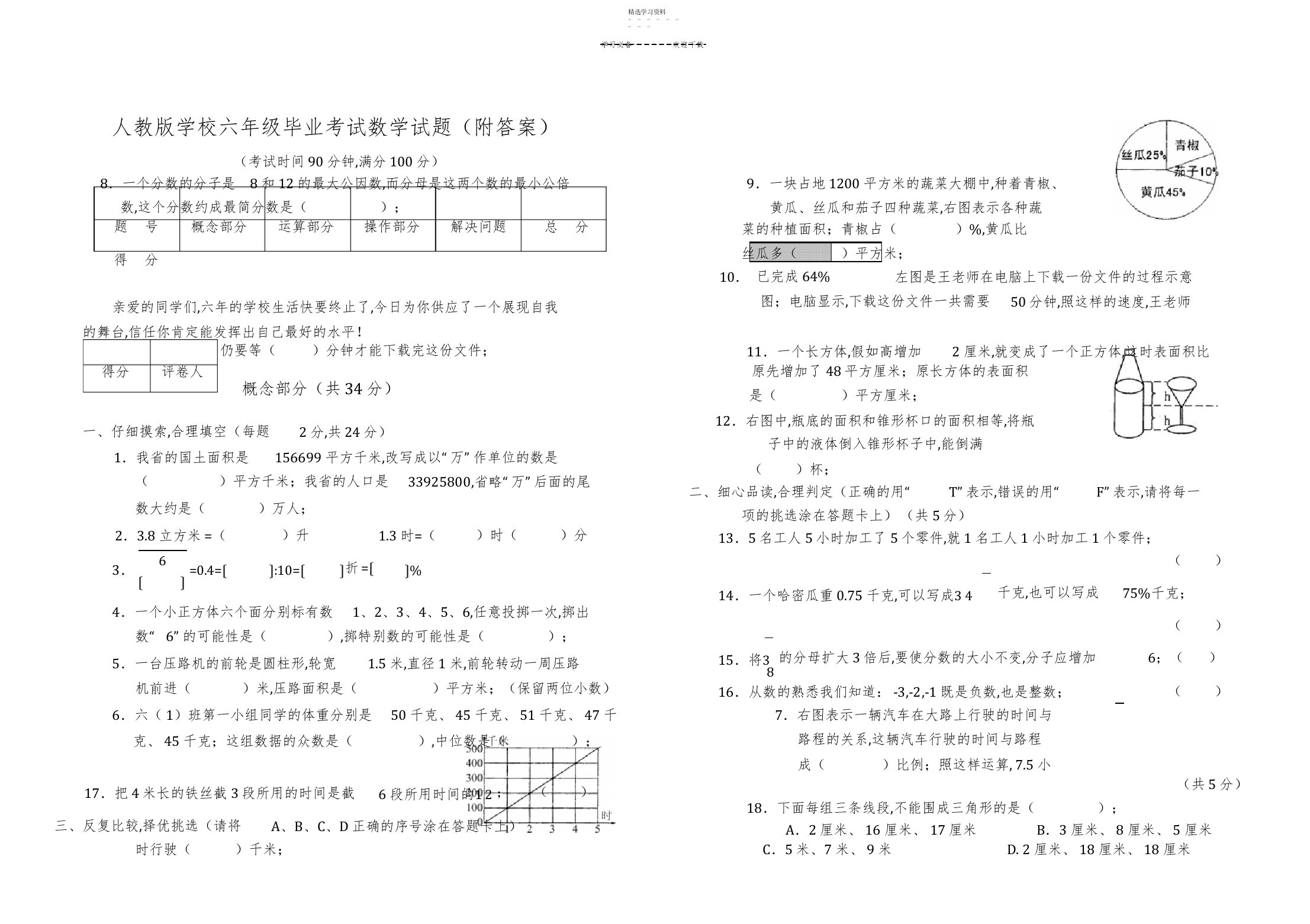 2022年小学六年级毕业考试数学试卷