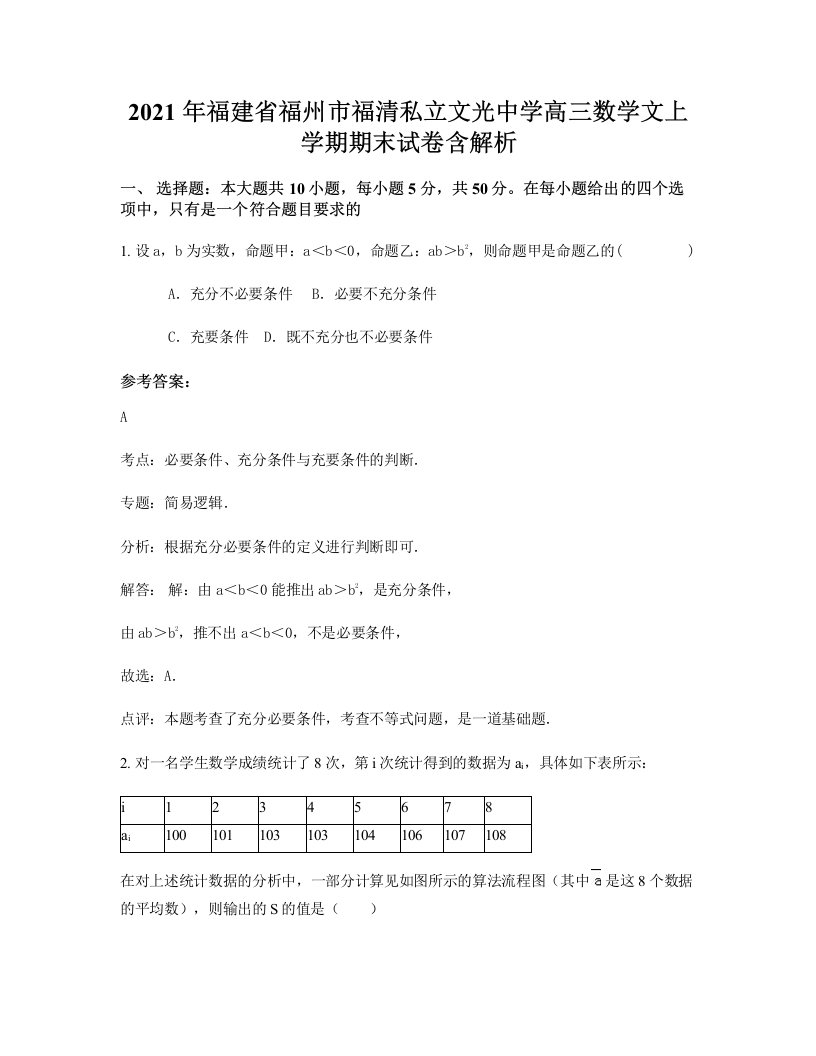 2021年福建省福州市福清私立文光中学高三数学文上学期期末试卷含解析