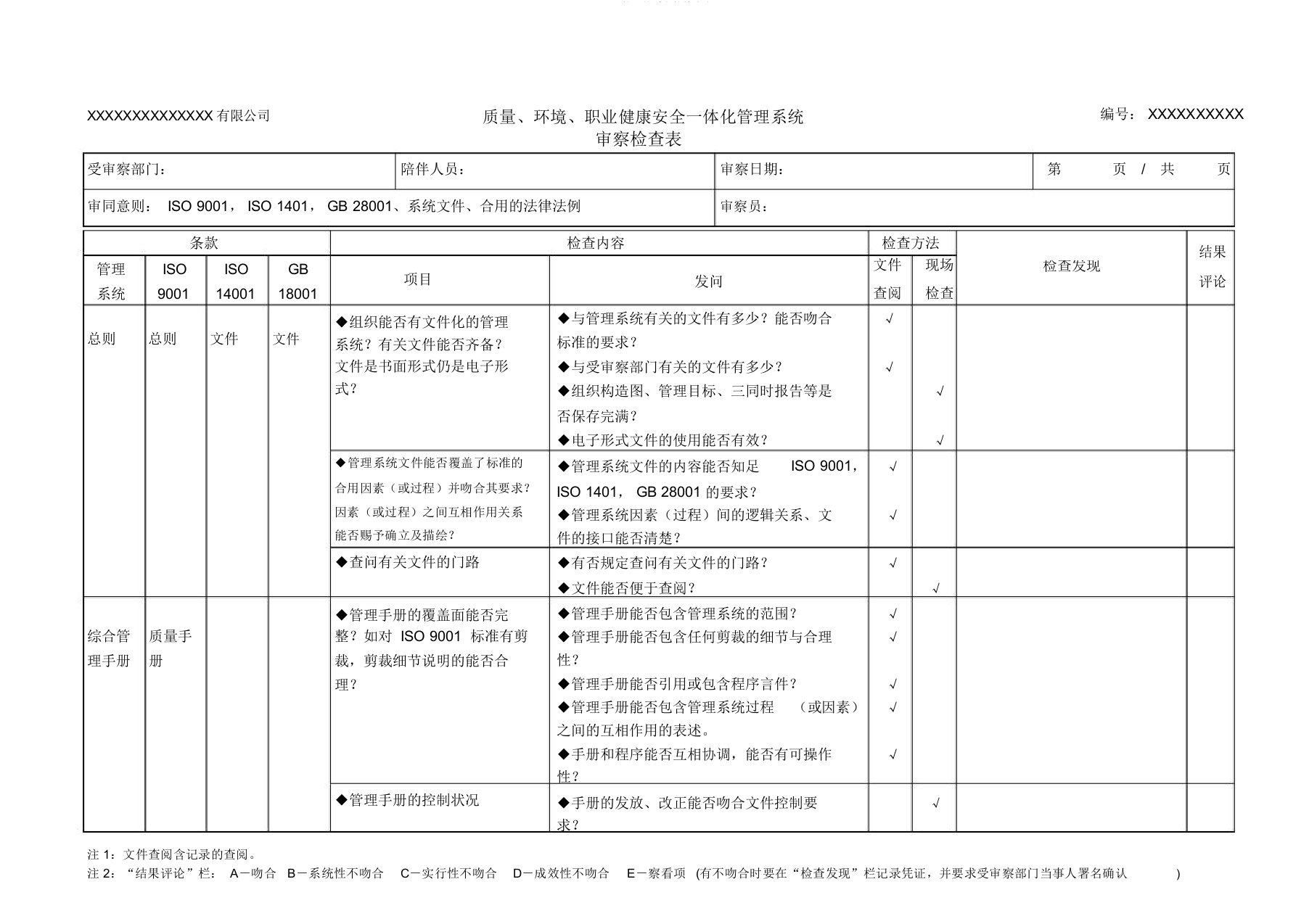 QES管理体系审核检查表