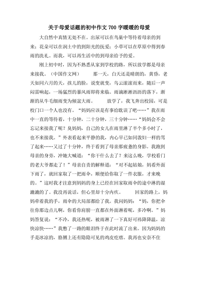 关于母爱话题的初中作文700字暖暖的母爱