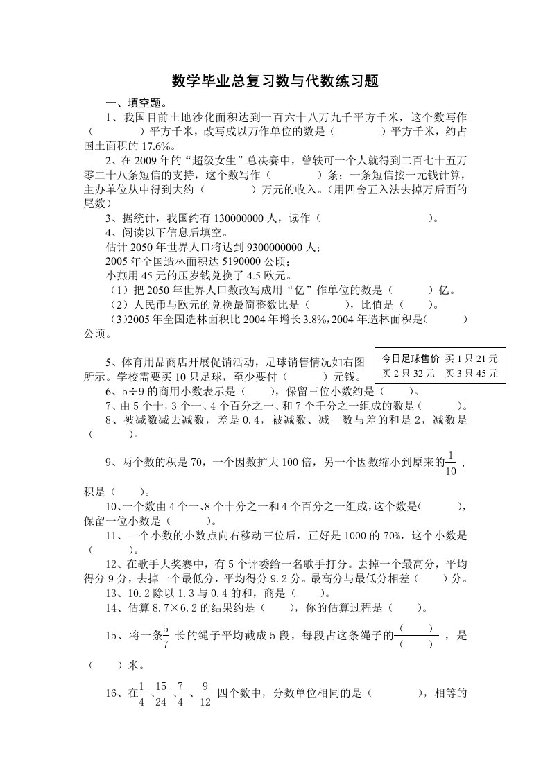 小学数学毕业总复习数与代数(练习及测验)[1]