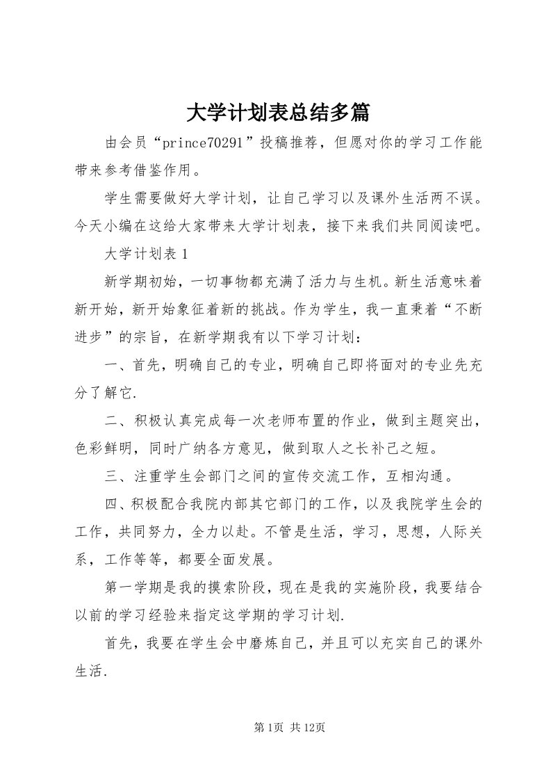 大学计划表总结多篇