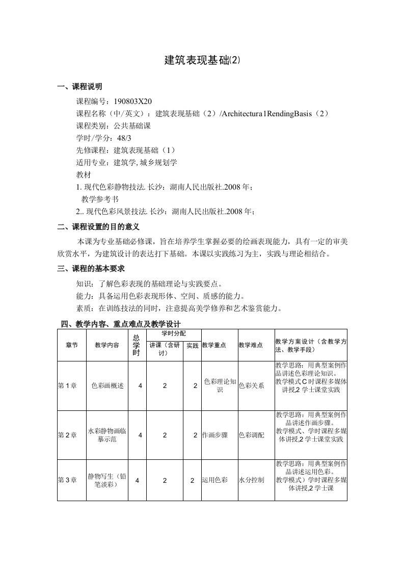 建筑表现基础(2)--教学大纲