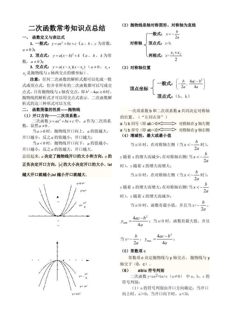 初中二次函数常考知识点总结