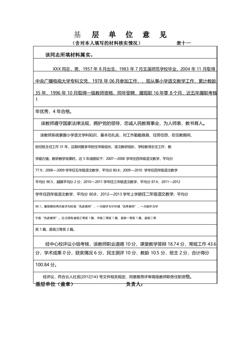 教师副高级评定基层单位意见