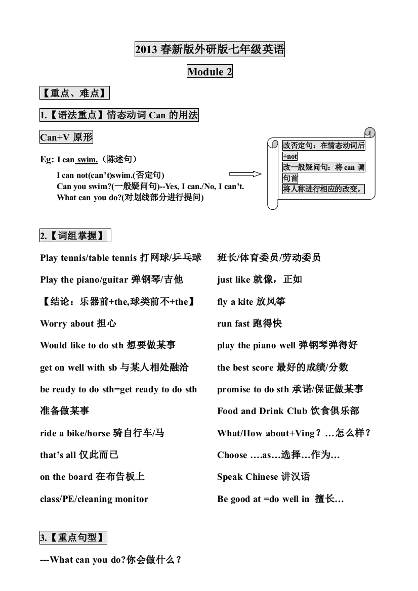 2013春外研版七年级下册Module2知识总结与归纳练习