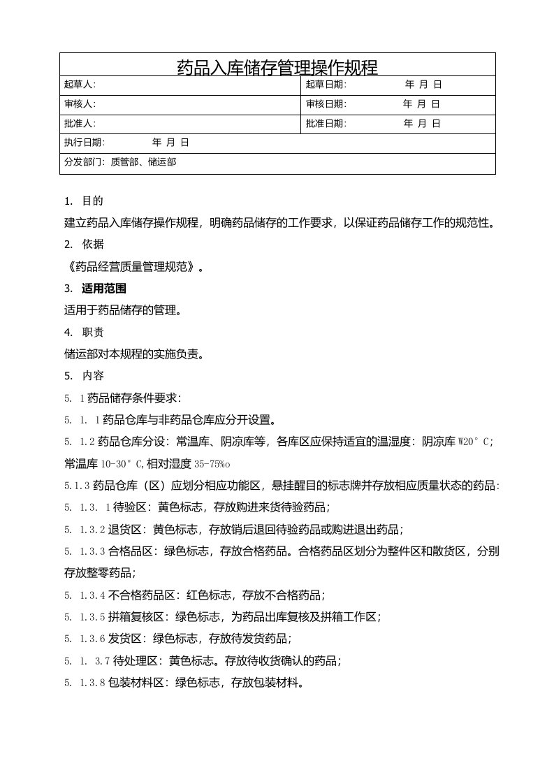 药品入库储存管理操作规程，药品经营企业