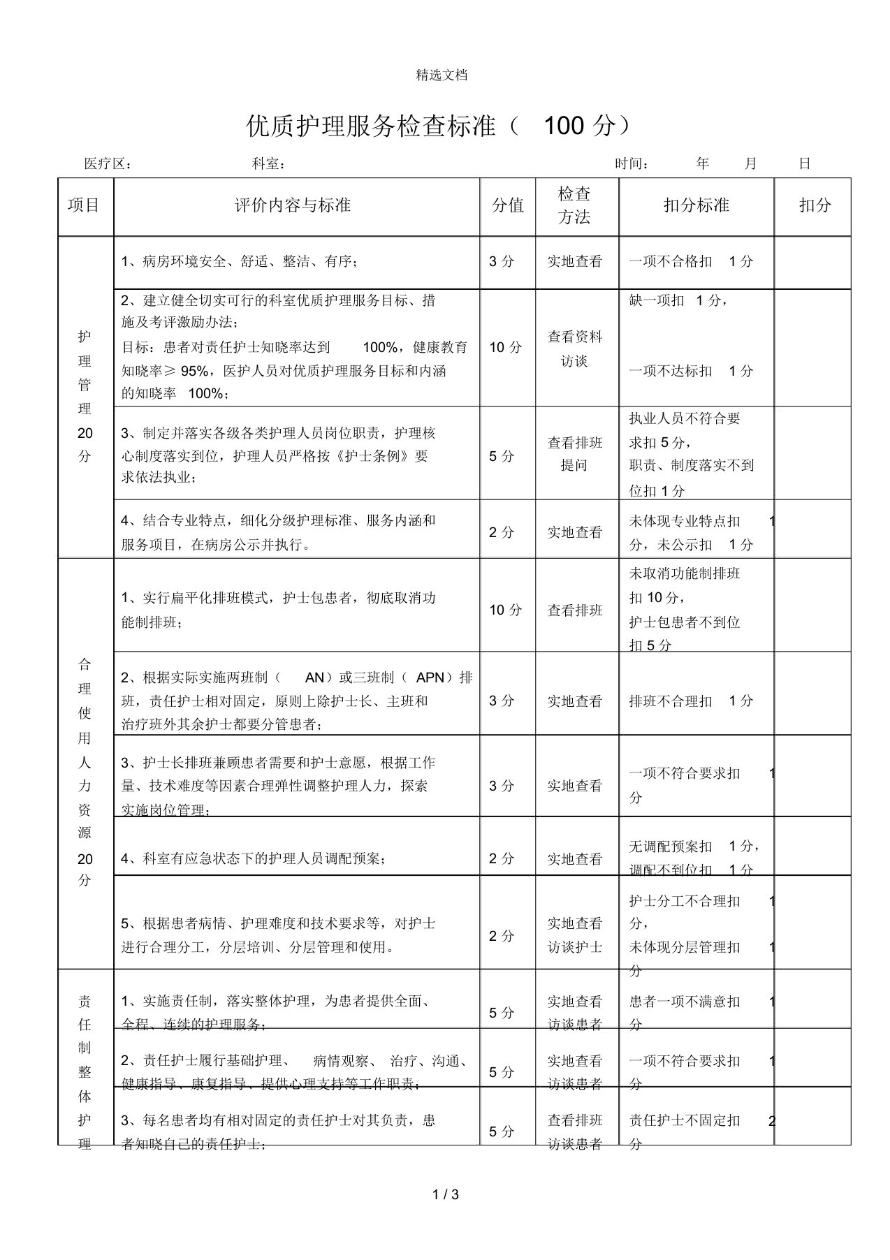 优质护理服务检查标准(100分)