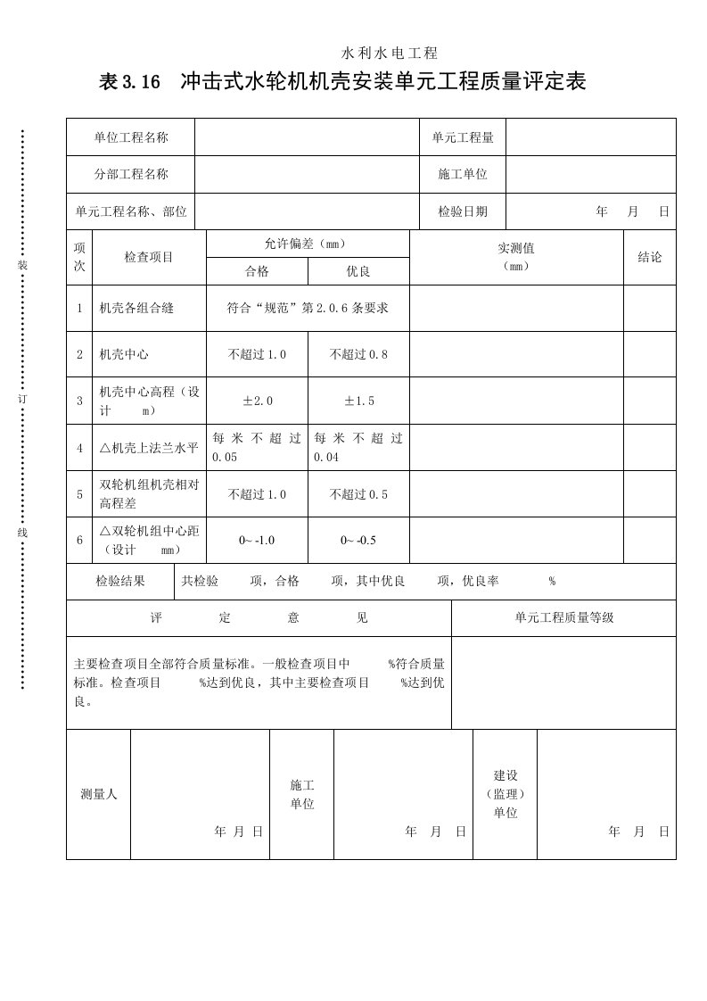 工程资料-表316冲击式水轮机机壳安装单元工程质量评定表