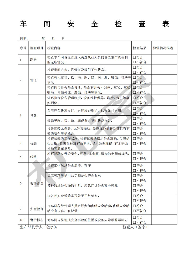 生产车间安全检查表