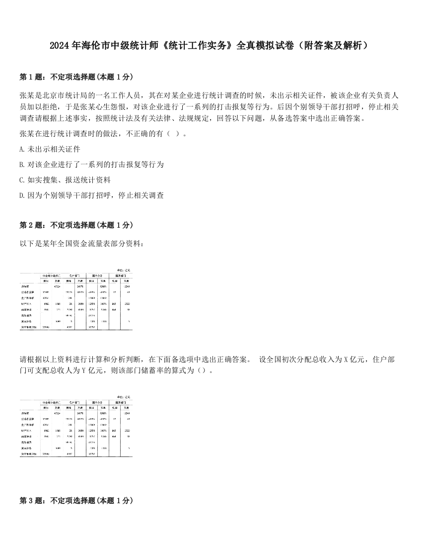 2024年海伦市中级统计师《统计工作实务》全真模拟试卷（附答案及解析）