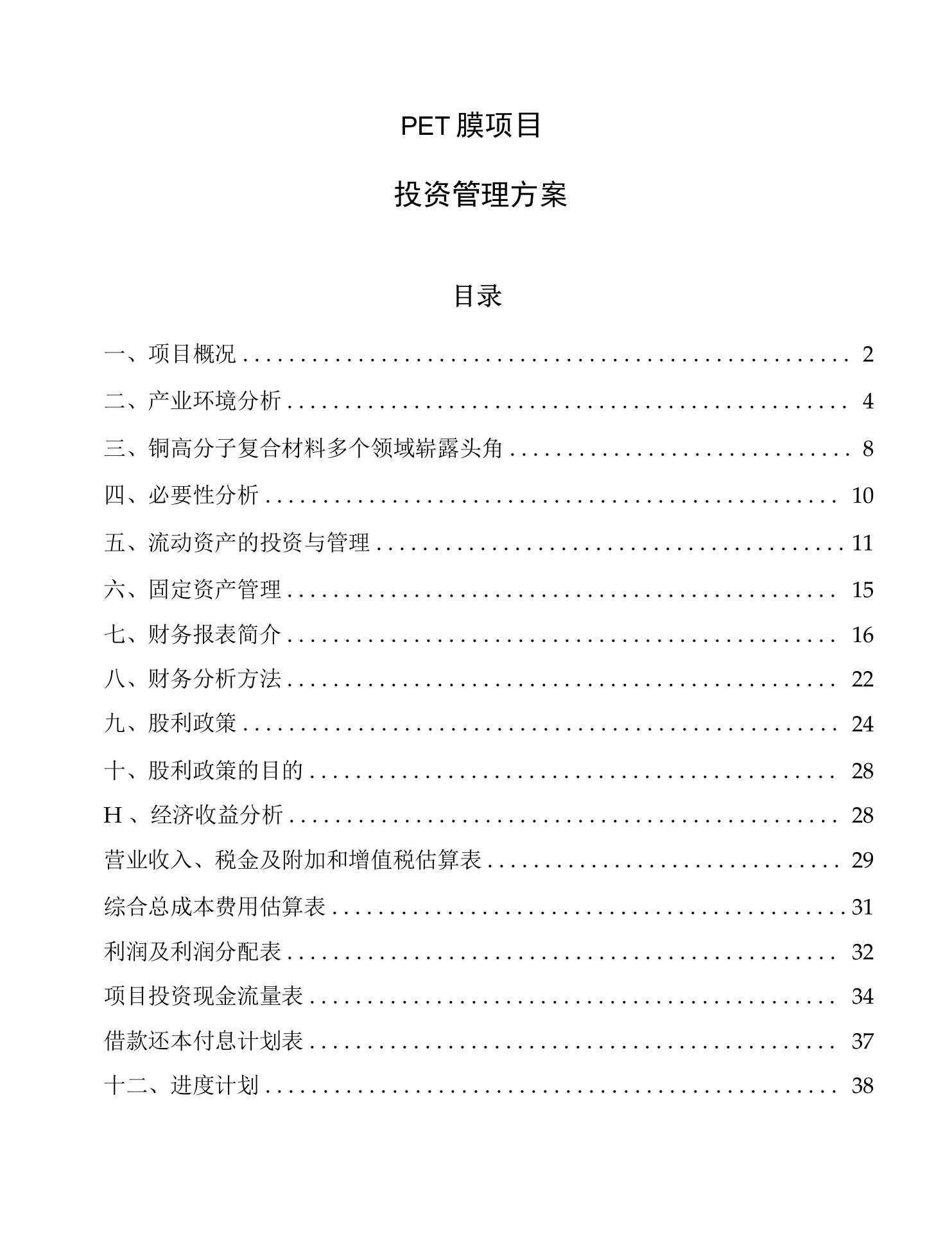 PET膜项目投资管理方案【范文】