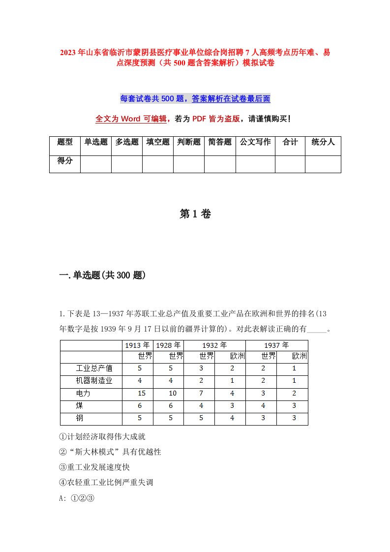 2023年山东省临沂市蒙阴县医疗事业单位综合岗招聘7人高频考点历年难易点深度预测共500题含答案解析模拟试卷