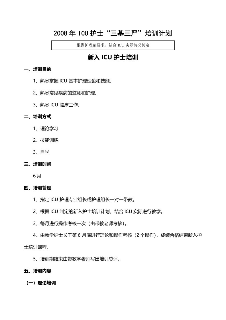 ICU护士“三基三严”培训计划