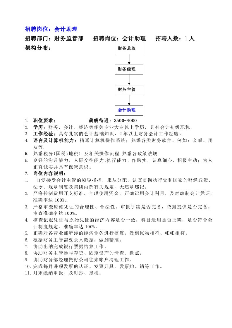 财务部会计助理岗位职责