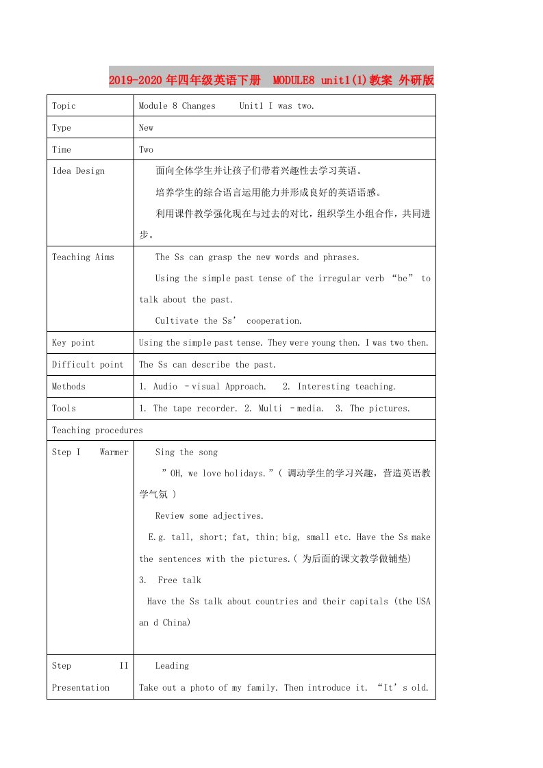 2019-2020年四年级英语下册