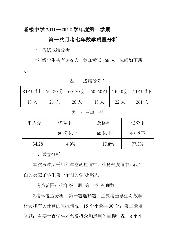 七年级数学第一次月考质量分析