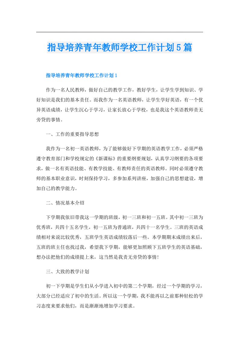 指导培养青年教师学校工作计划5篇