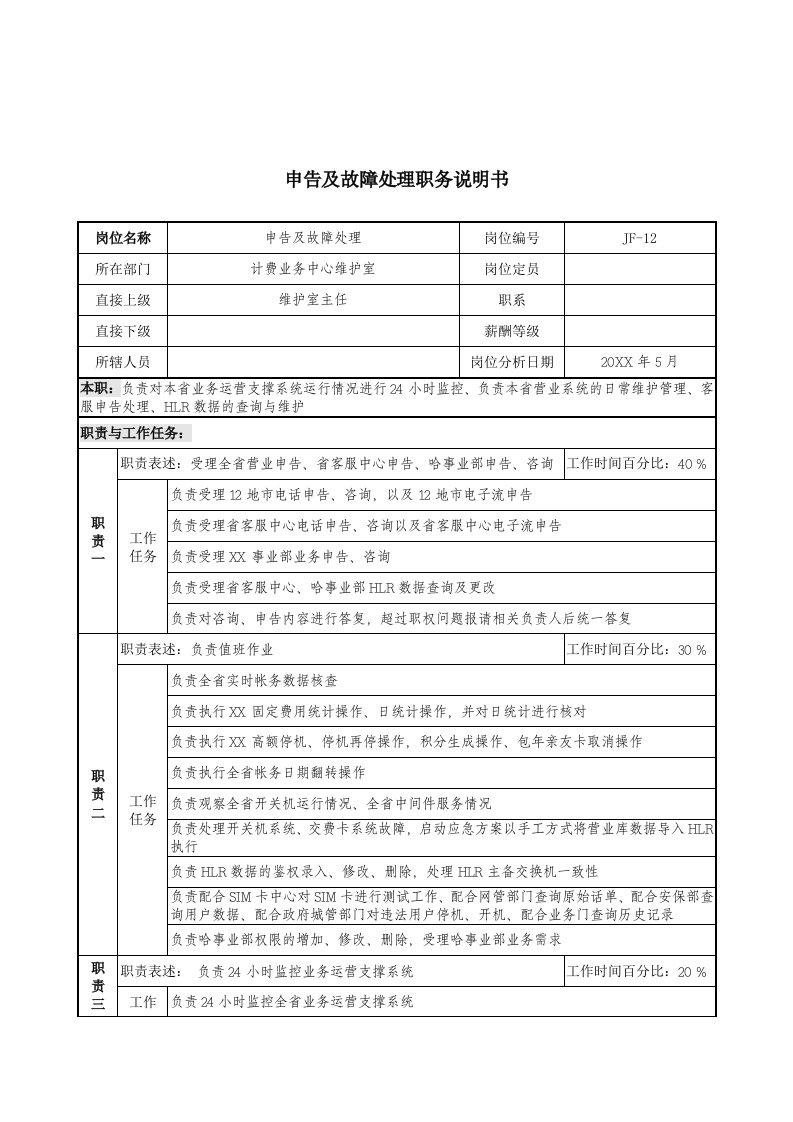 通信行业-通信行业计费业务中心维护室申告及故障处理岗位说明书